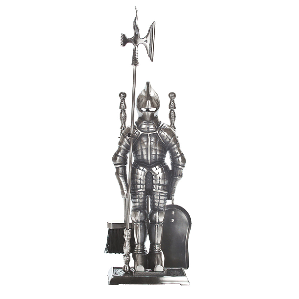 Pewter knight fireplace tool set with stand and sword-shaped poker