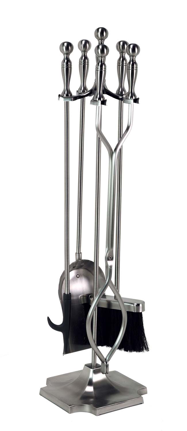 Pewter five-piece fireplace tool set with metal stand and five tools