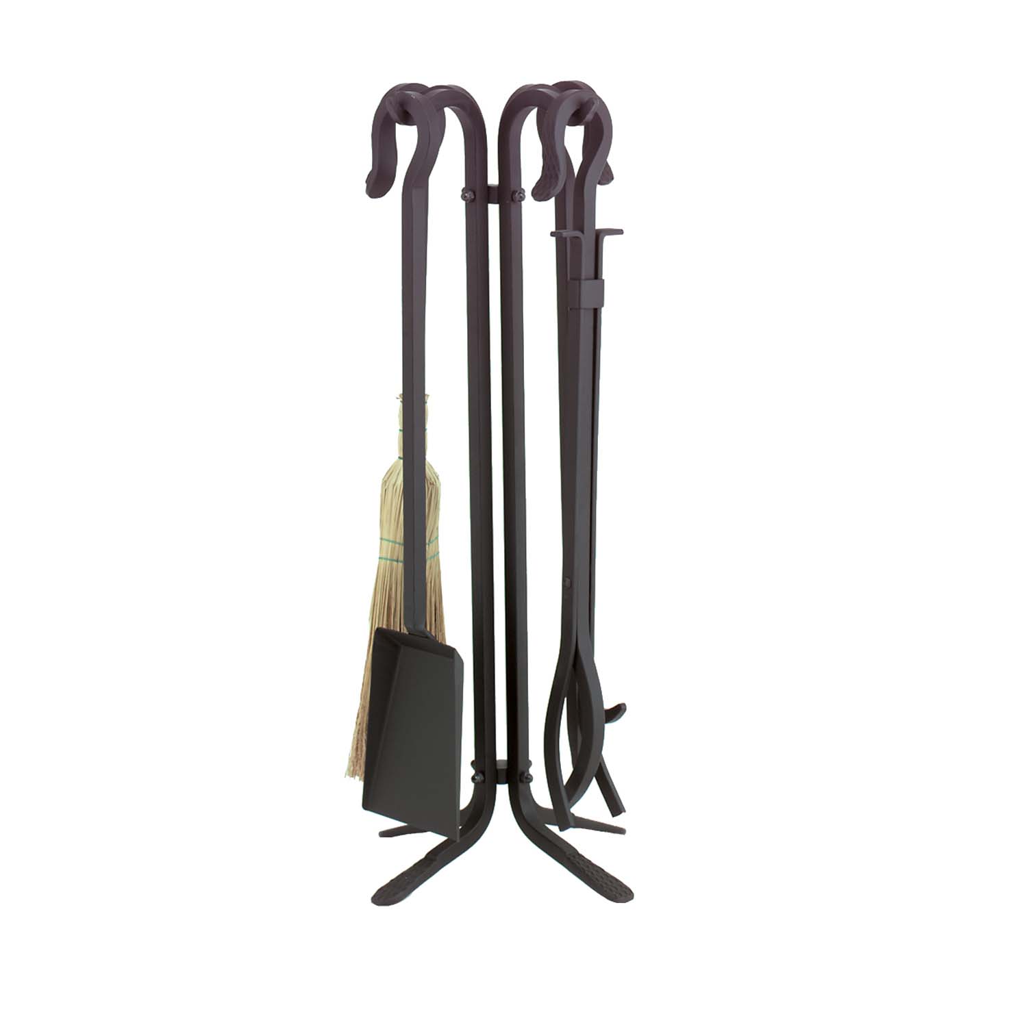 Black wrought iron fireplace tool set with stand, five-piece.