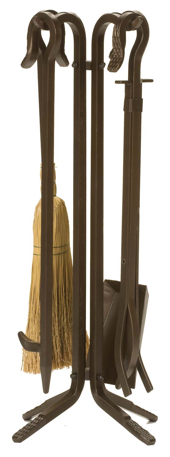 Bronze wrought iron fireplace tool set with stand and five long-handled tools