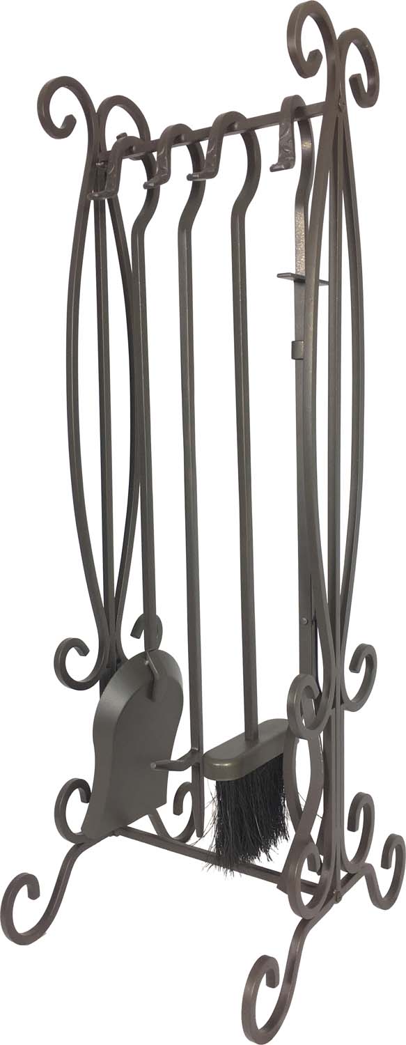Bronze wrought iron fireplace tool set with stand and five hanging tools