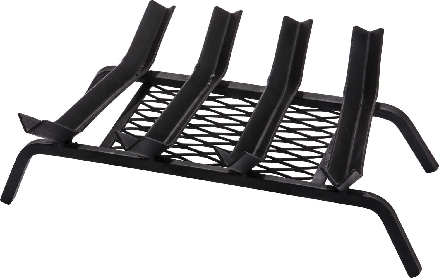 Black V-groove metal grate with welded ember retainer and four upright bars