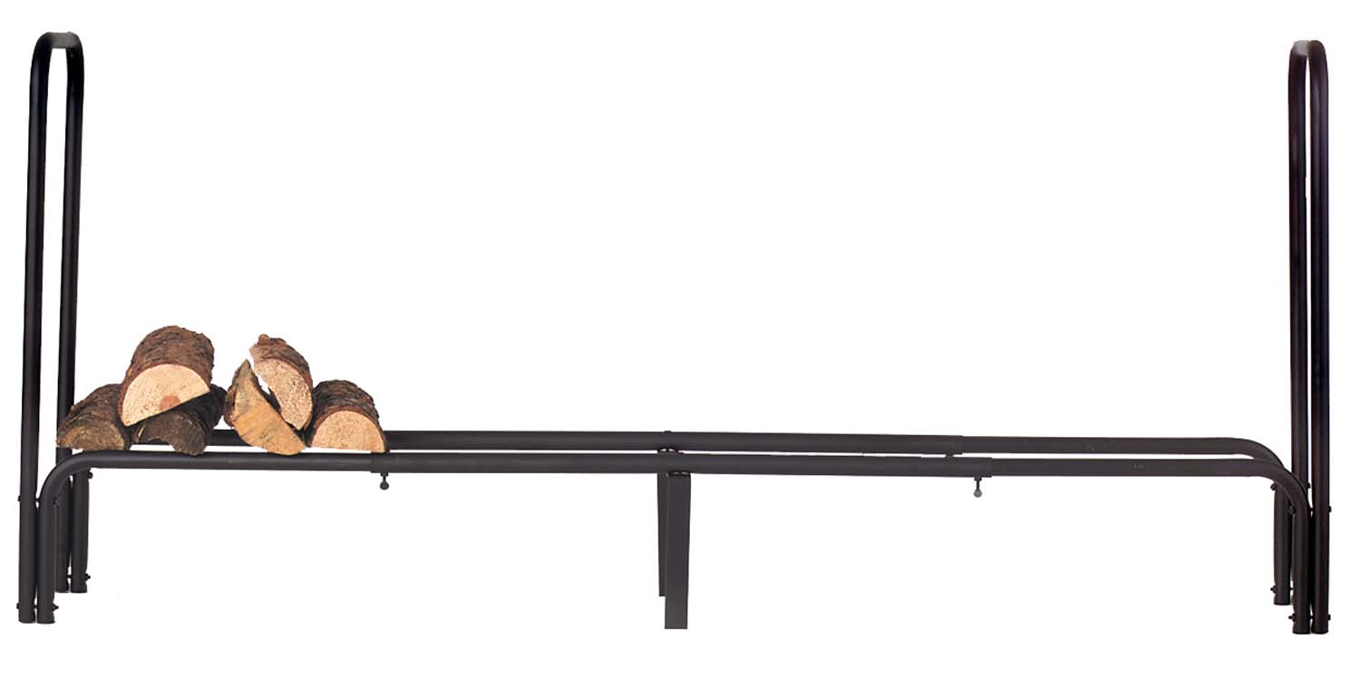 Black metal adjustable log holder with two side posts and horizontal rest bar