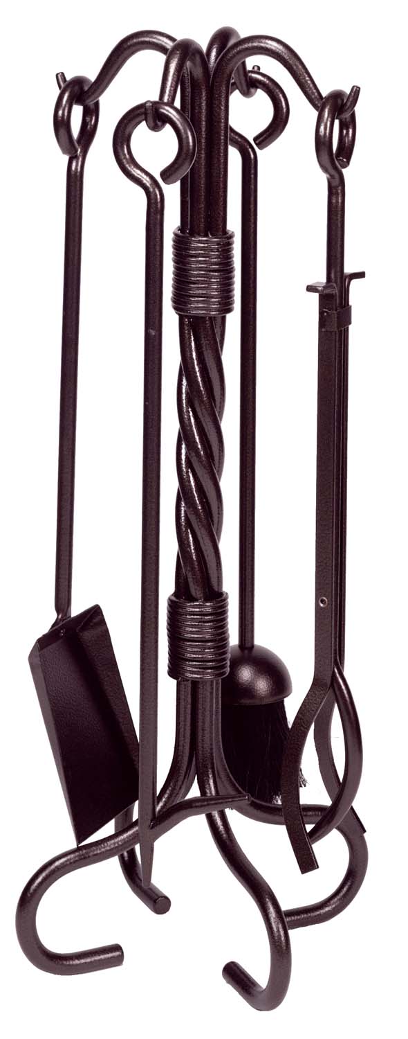 Bronze wrought iron fireplace tool set with five tools on curved stand