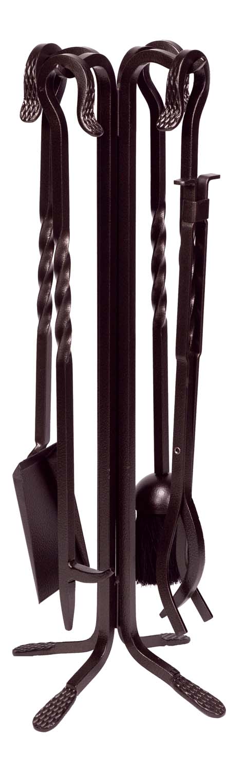 Bronze wrought iron fireplace tool set with stand and five tools