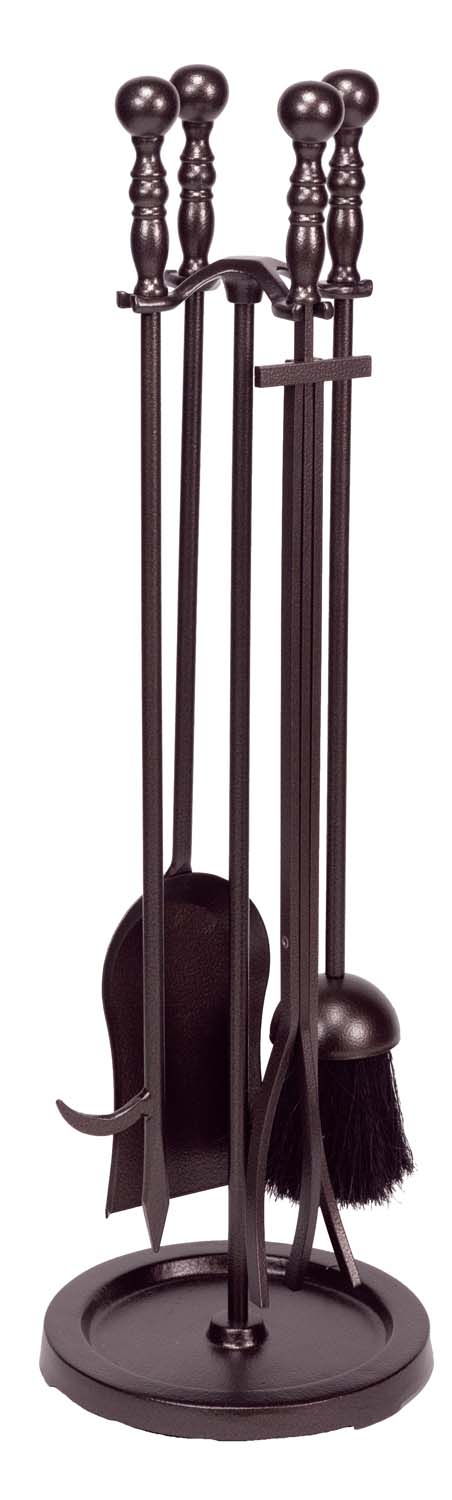 Bronze fireplace tool set with stand, poker, shovel, brush and tongs