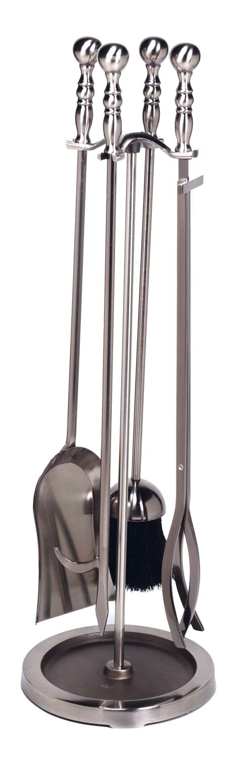 Pewter fireplace tool set with five long-handled tools in round stand