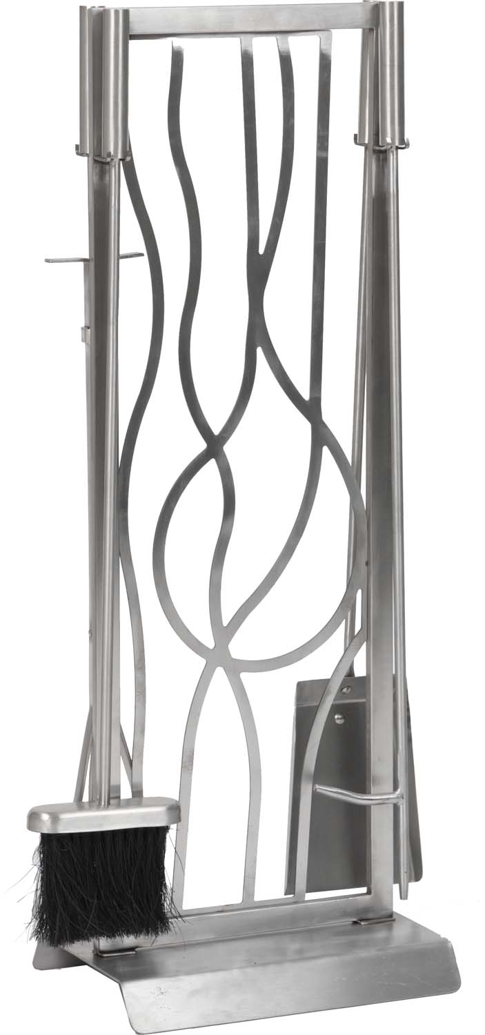 Stainless steel fireplace tool set with stand and brush, five-piece layout
