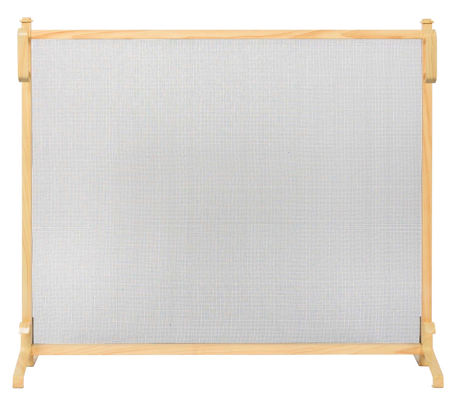 Wood fireplace screen with light wood frame and white mesh panel