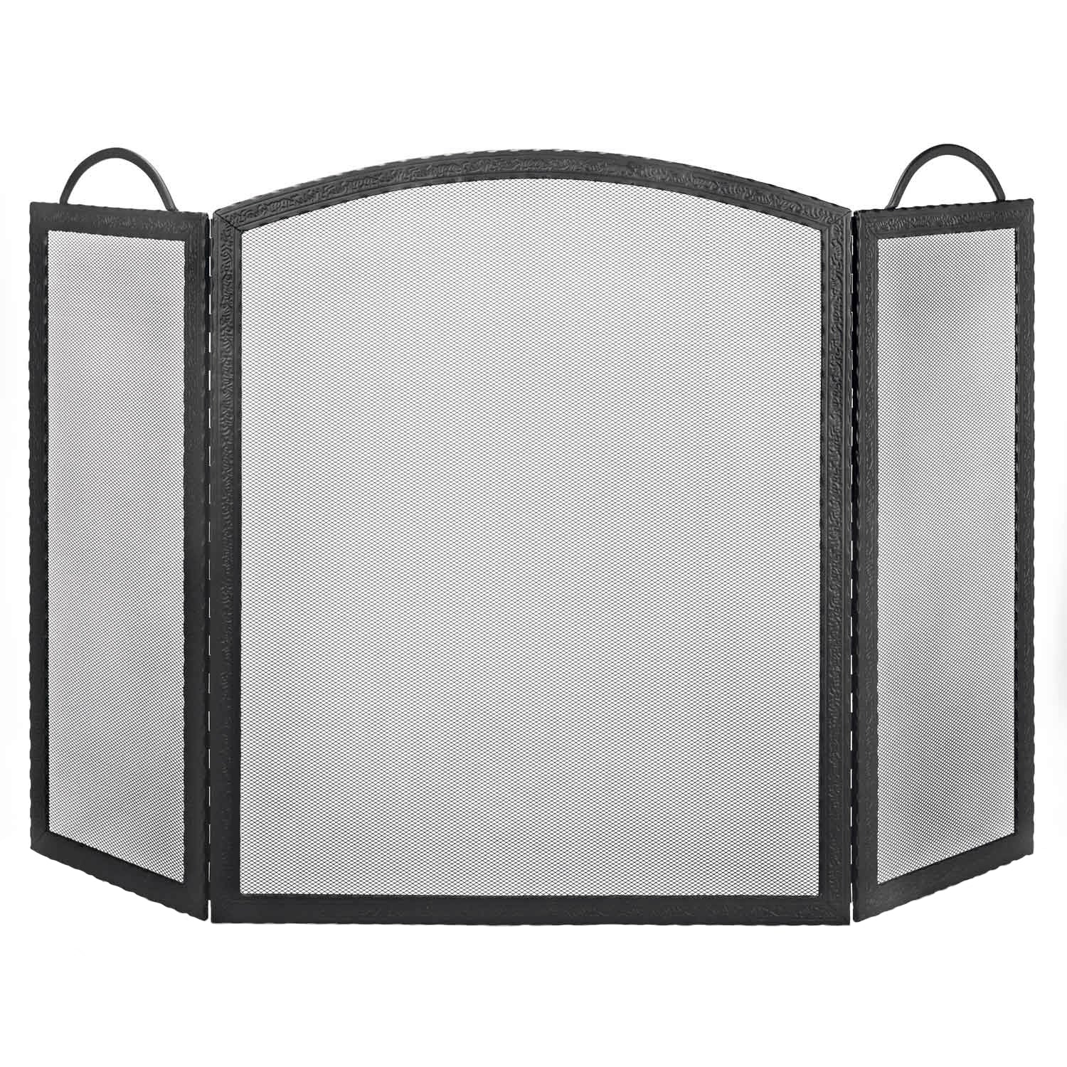 Dagan Three Fold Black Wrought Iron Arched Fireplace Screen, Black