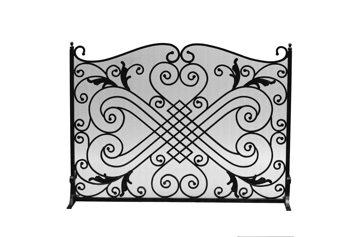 Black arched fireplace screen with ornate scrollwork and cross lattice design