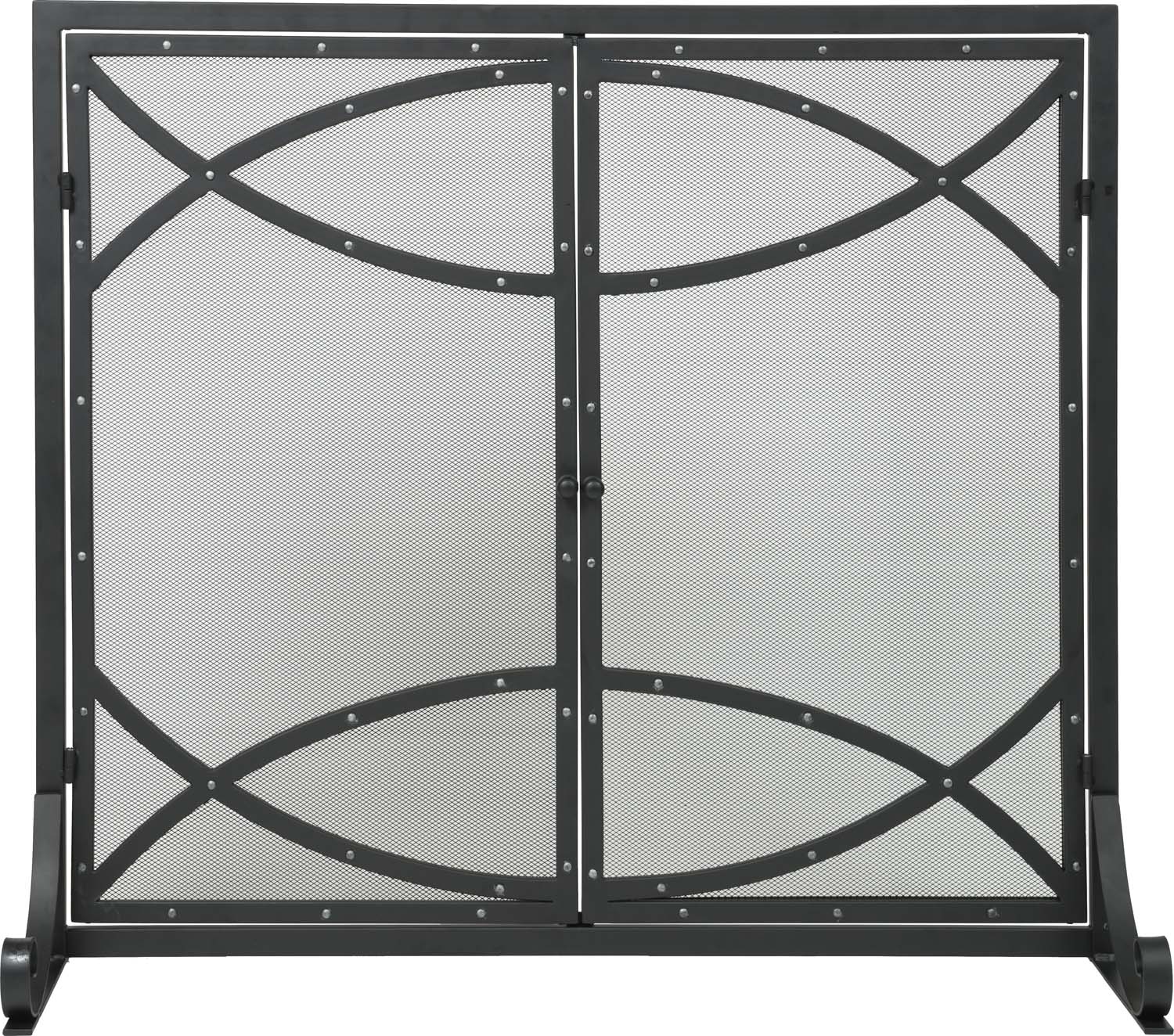 Fireplace screen with two hinged doors, black metal frame, riveted mesh with oval cross pattern