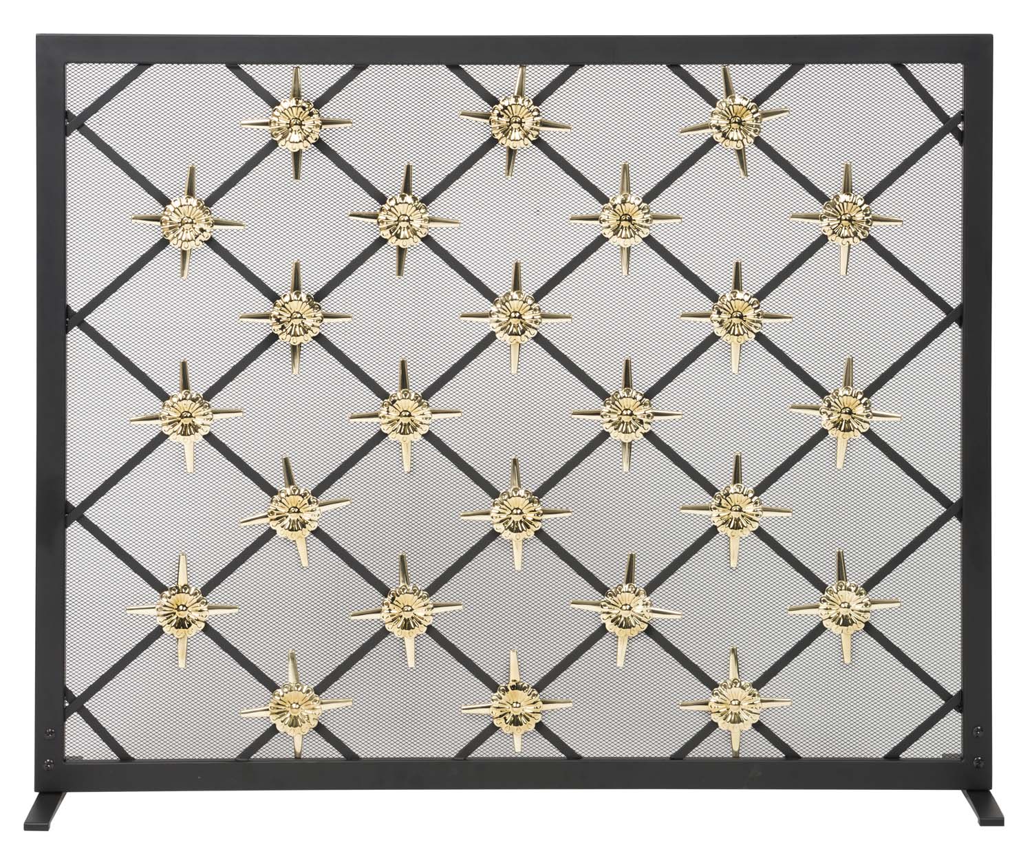 Fireplace screen with starburst design, black frame and gold accents