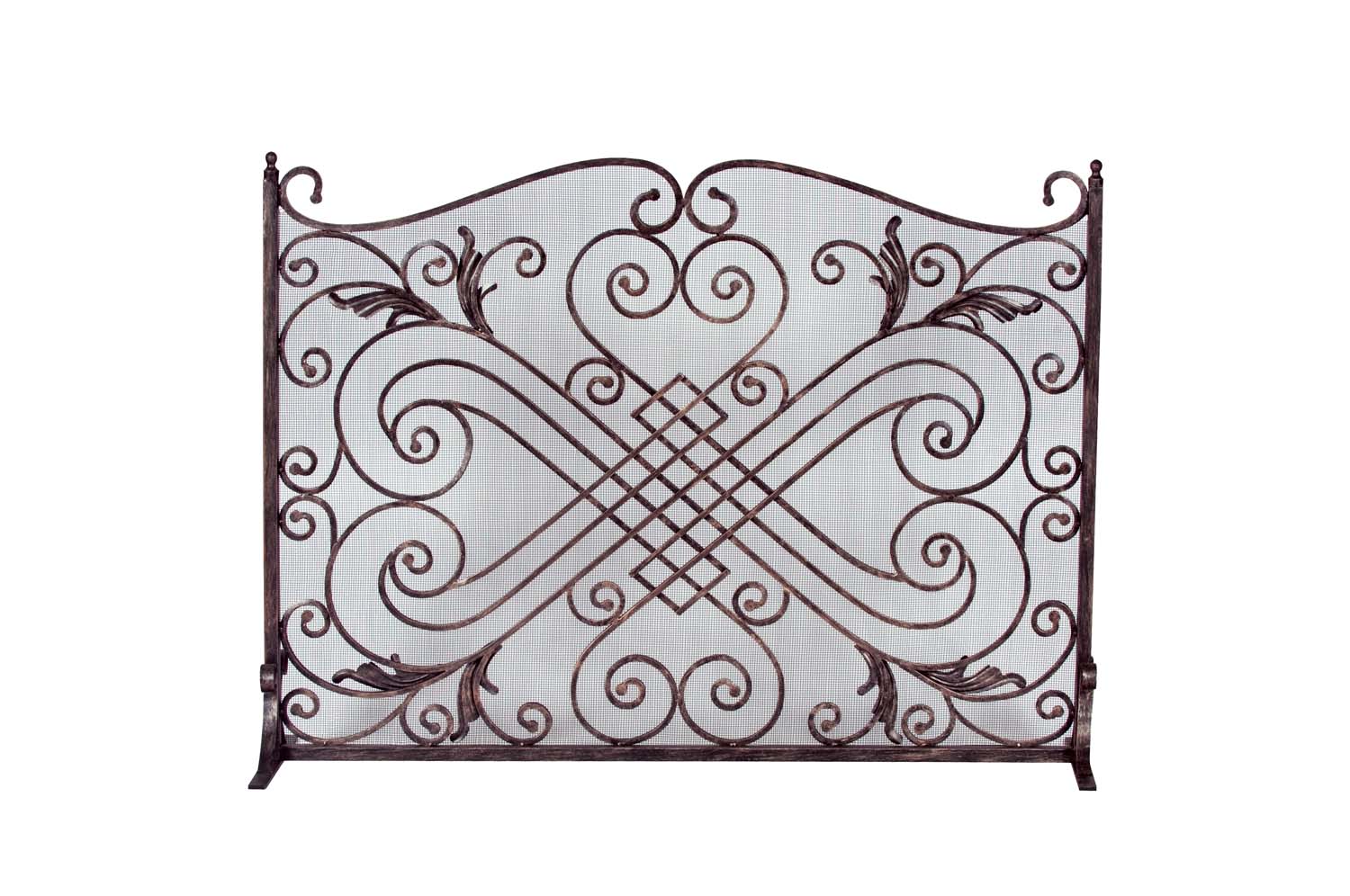Arched fireplace screen with copper-tone scrollwork and black frame, decorative lattice