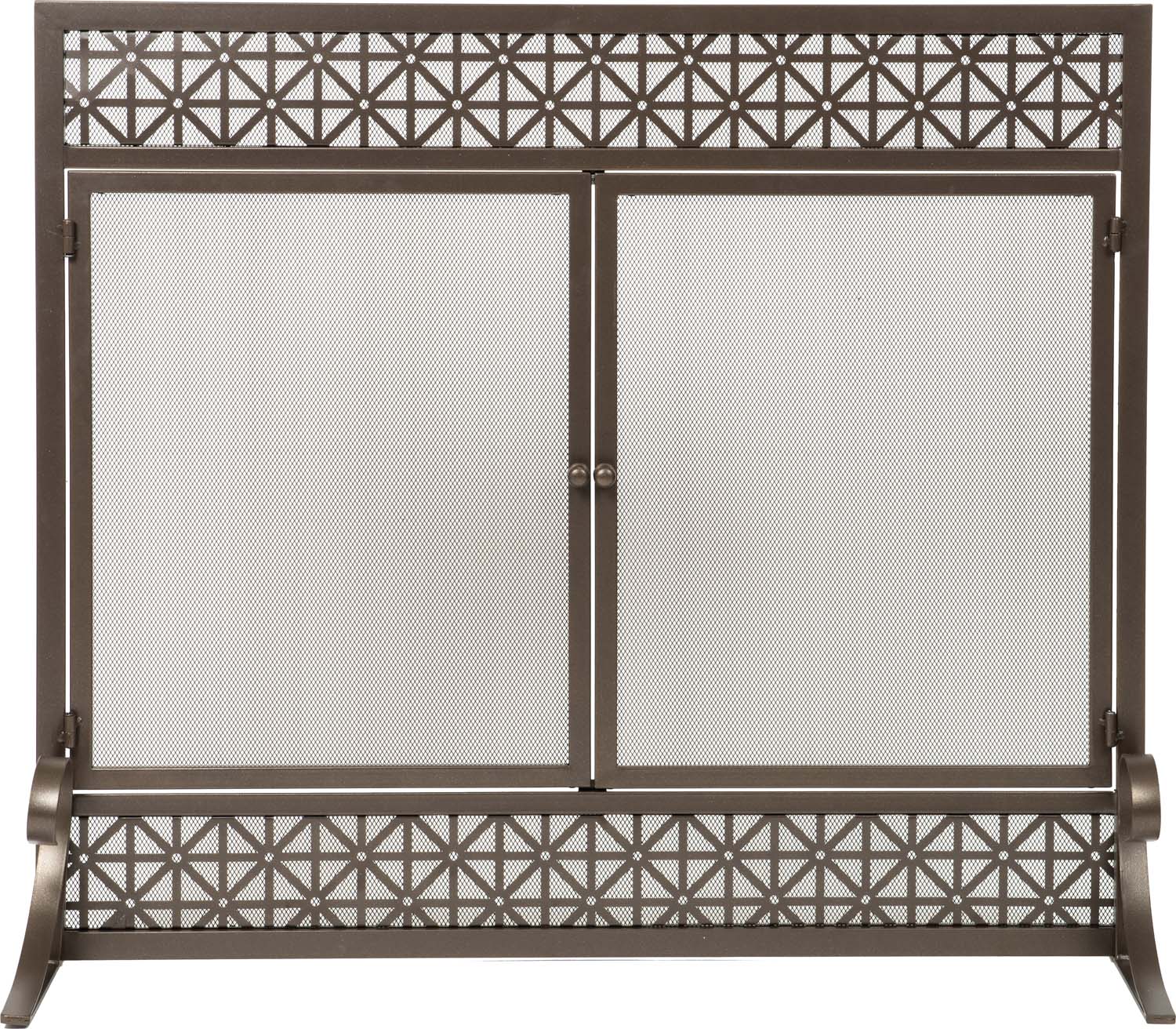 Fireplace screen with two mesh doors and filigree metal frame