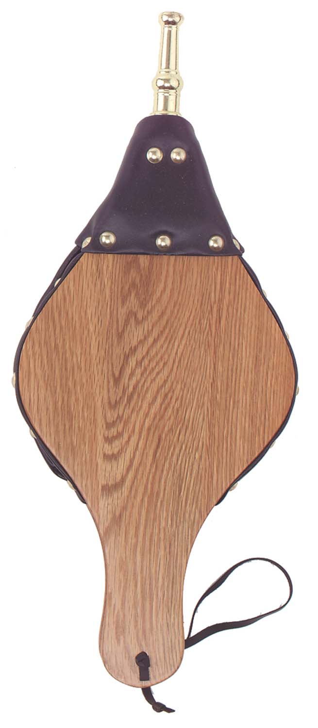 Dagan hardwood hand bellow with purple metal-studded top and wooden body, draw cord