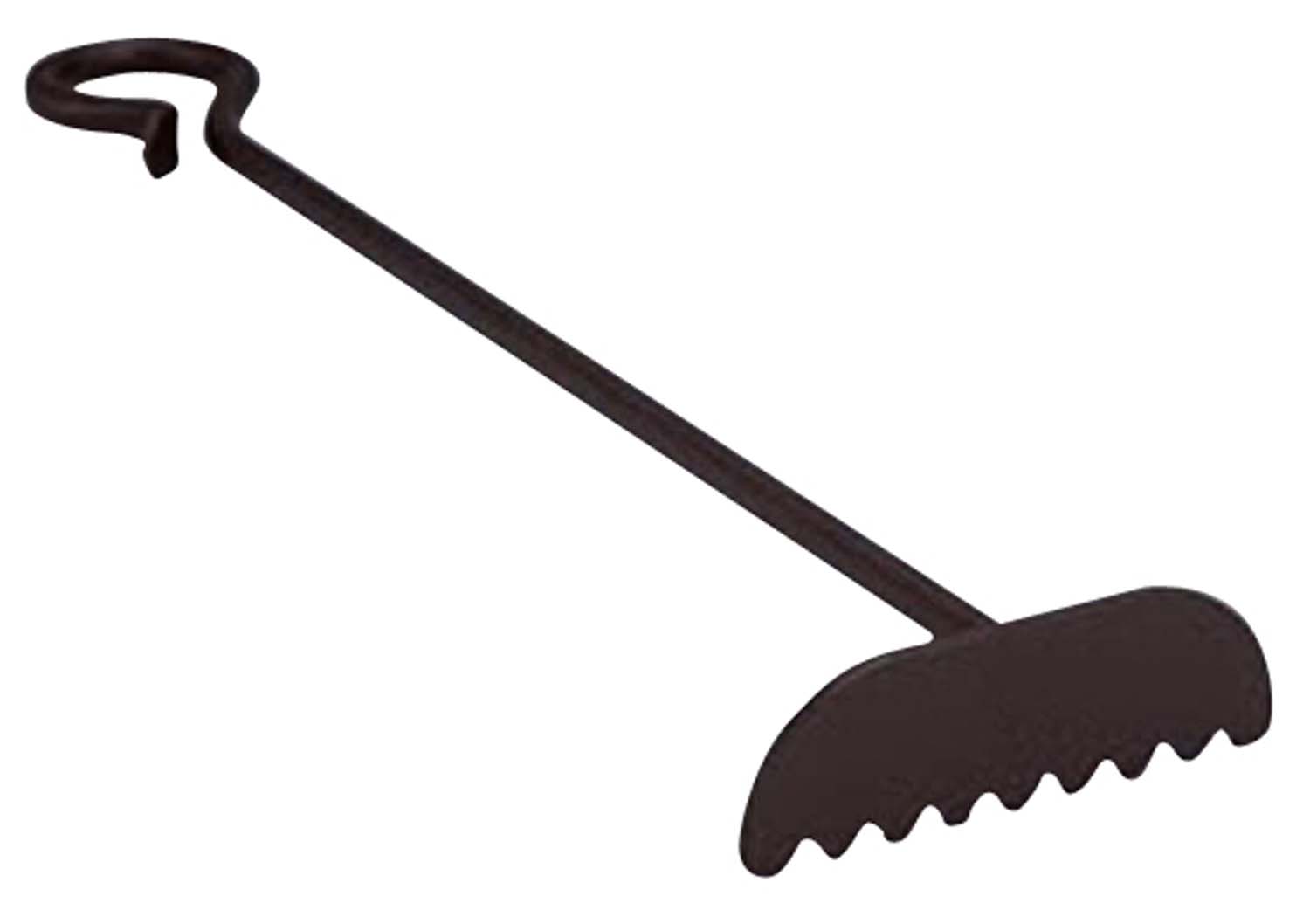 29-inch ember rake with curved handle and wide curved teeth, dark brown.