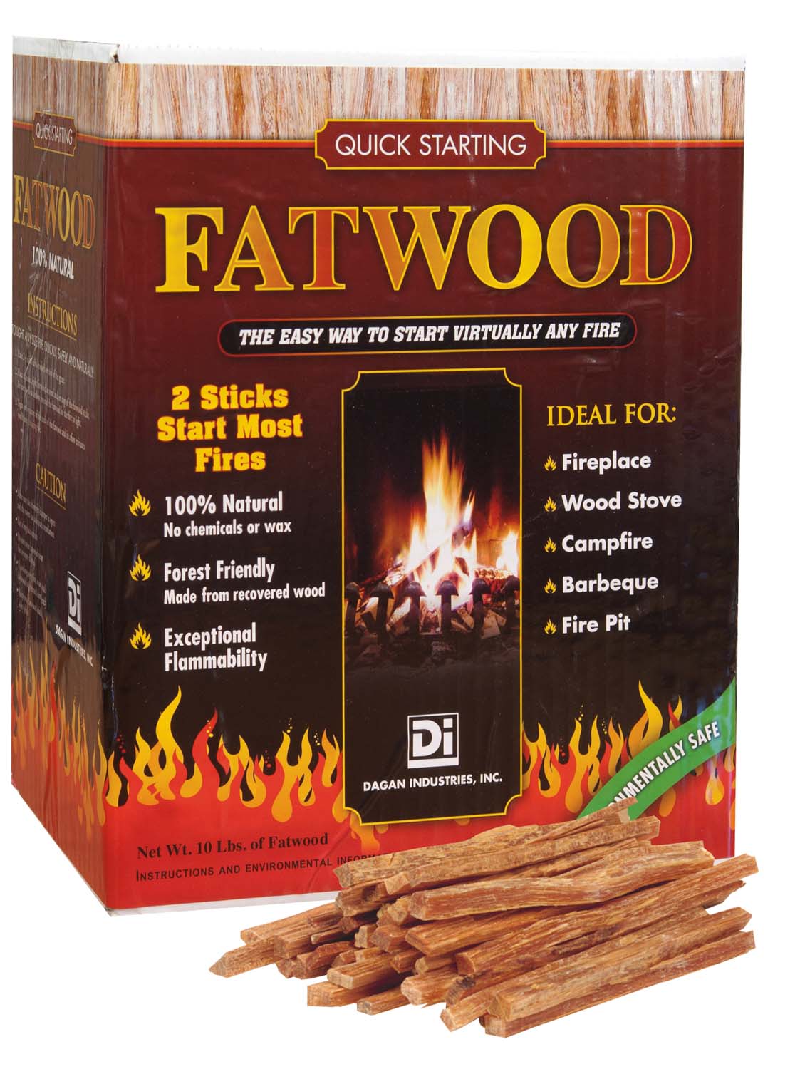 Fatwood firestarter box with stacked wood kindling sticks for quick starting