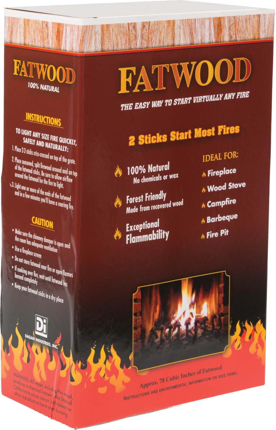 Fatwood firestarter box with instructions and fire-starter sticks illustration