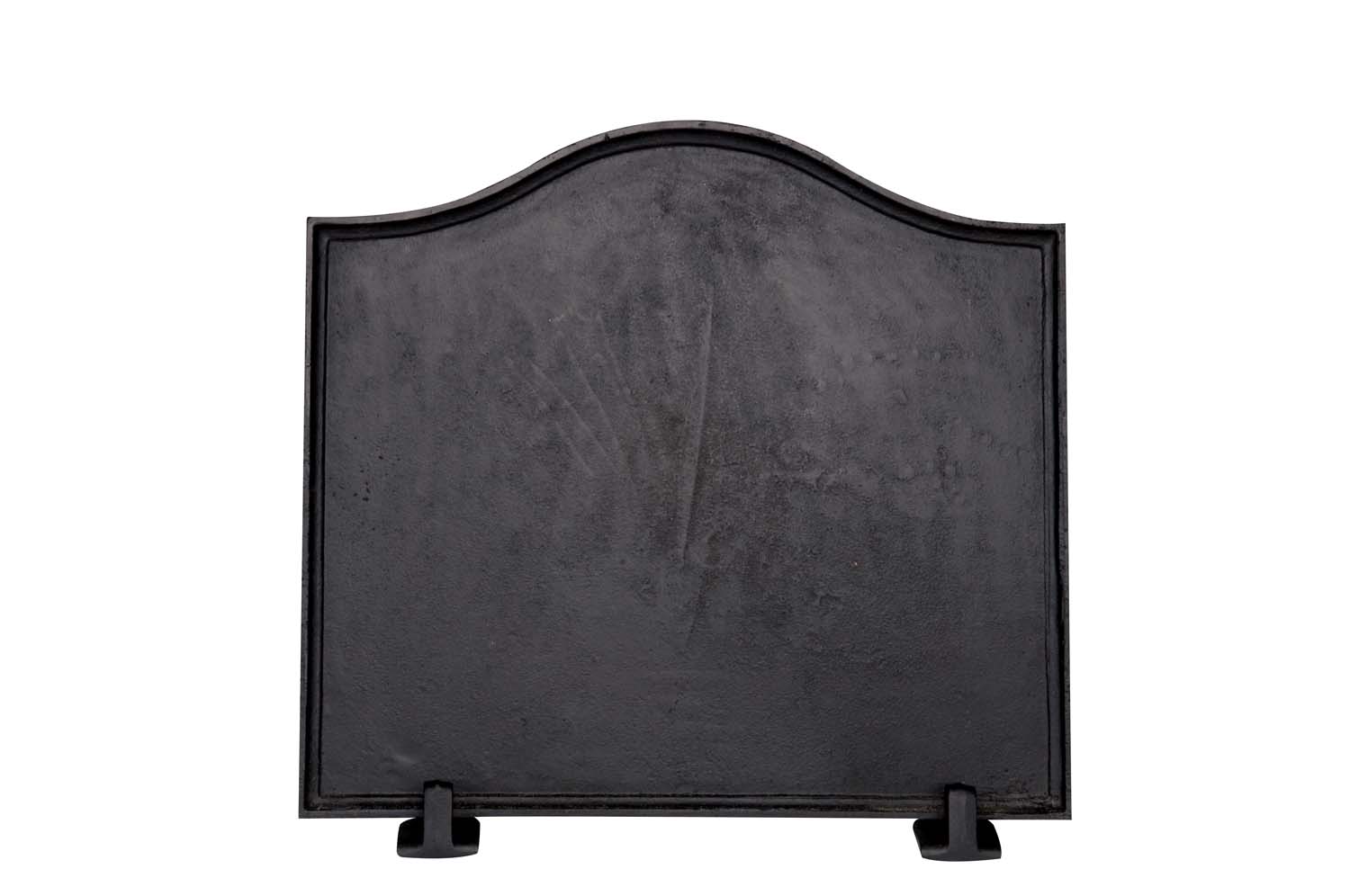 Black cast iron fireback with arched top, raised border, and two stand feet