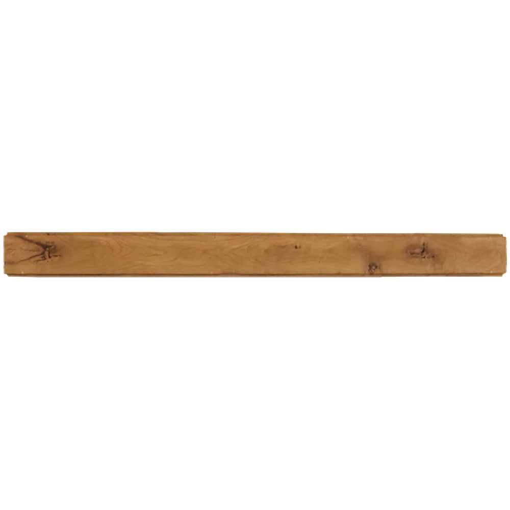Rustic teak mantel shelf, light brown wood plank.