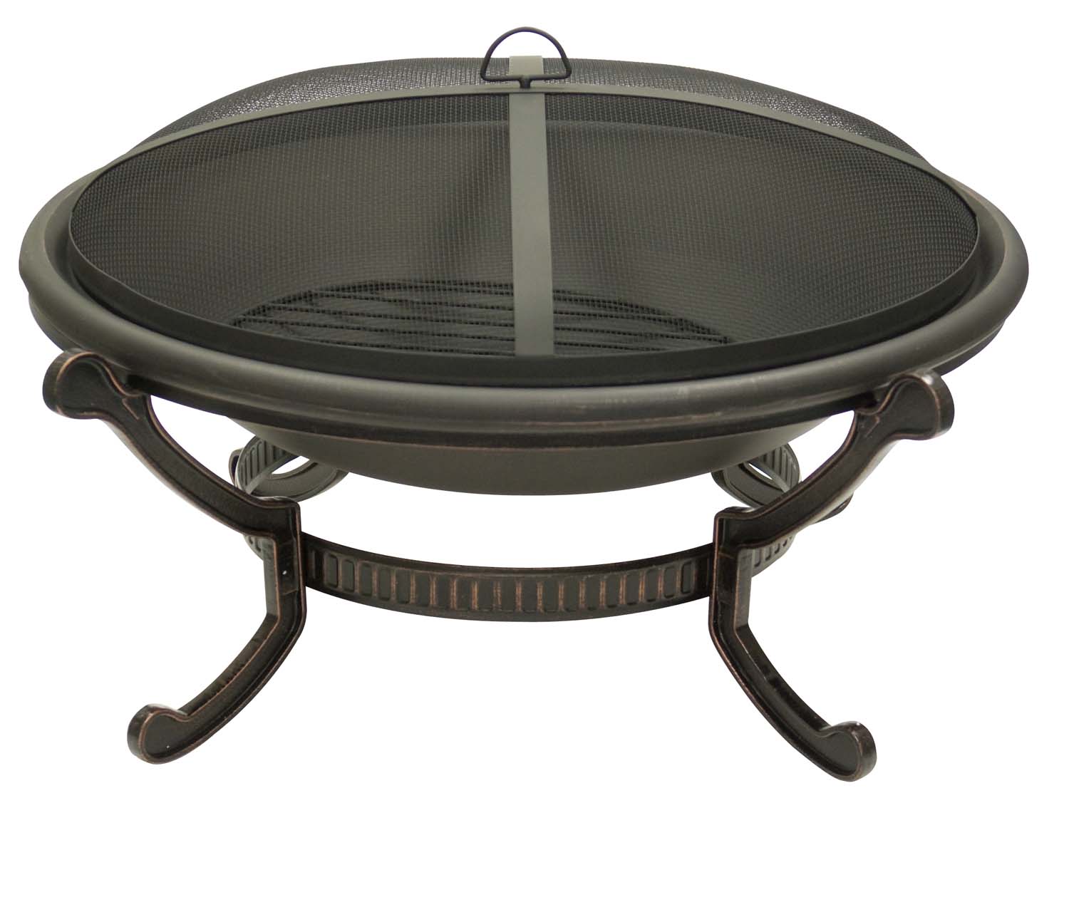 Dagan large wood-burning fire pit with round mesh spark screen and three curved legs