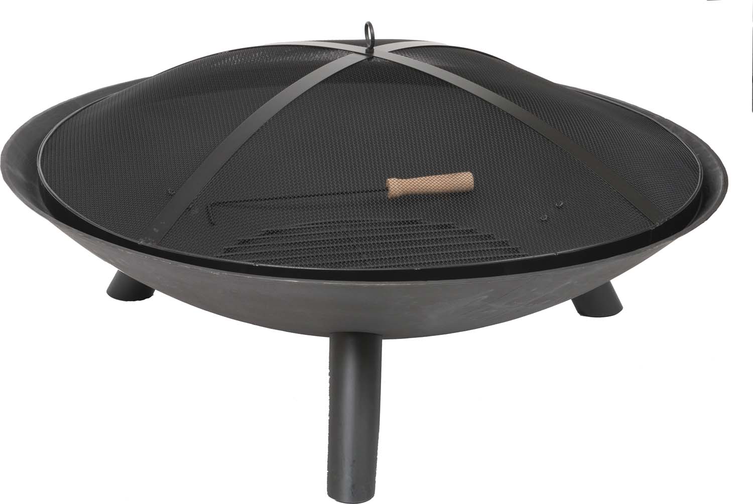 Deep metal fire pit bowl with mesh spark screen and three support legs