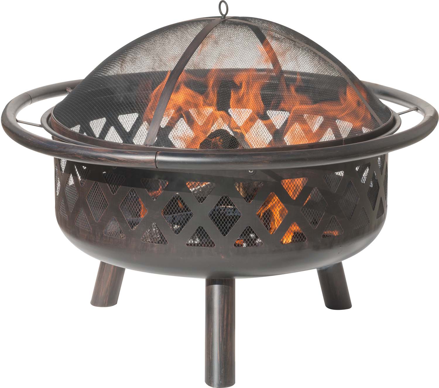 Round metal wood-burning fire pit with crisscross cutout sides and dome spark screen