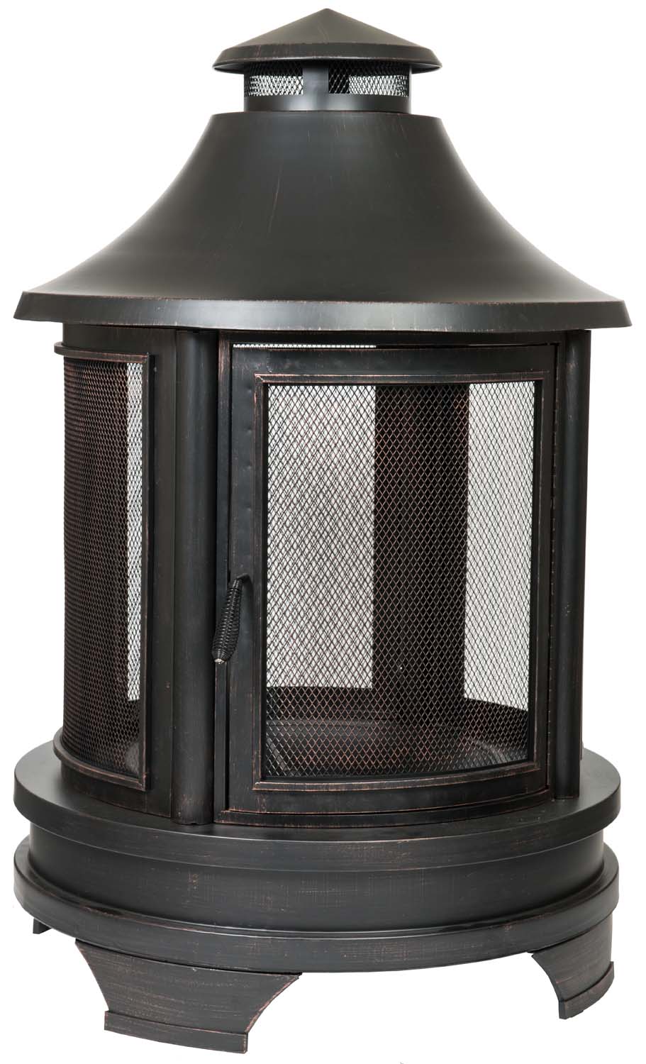 Pagoda-style wood burning fire pit with black metal frame and mesh sides