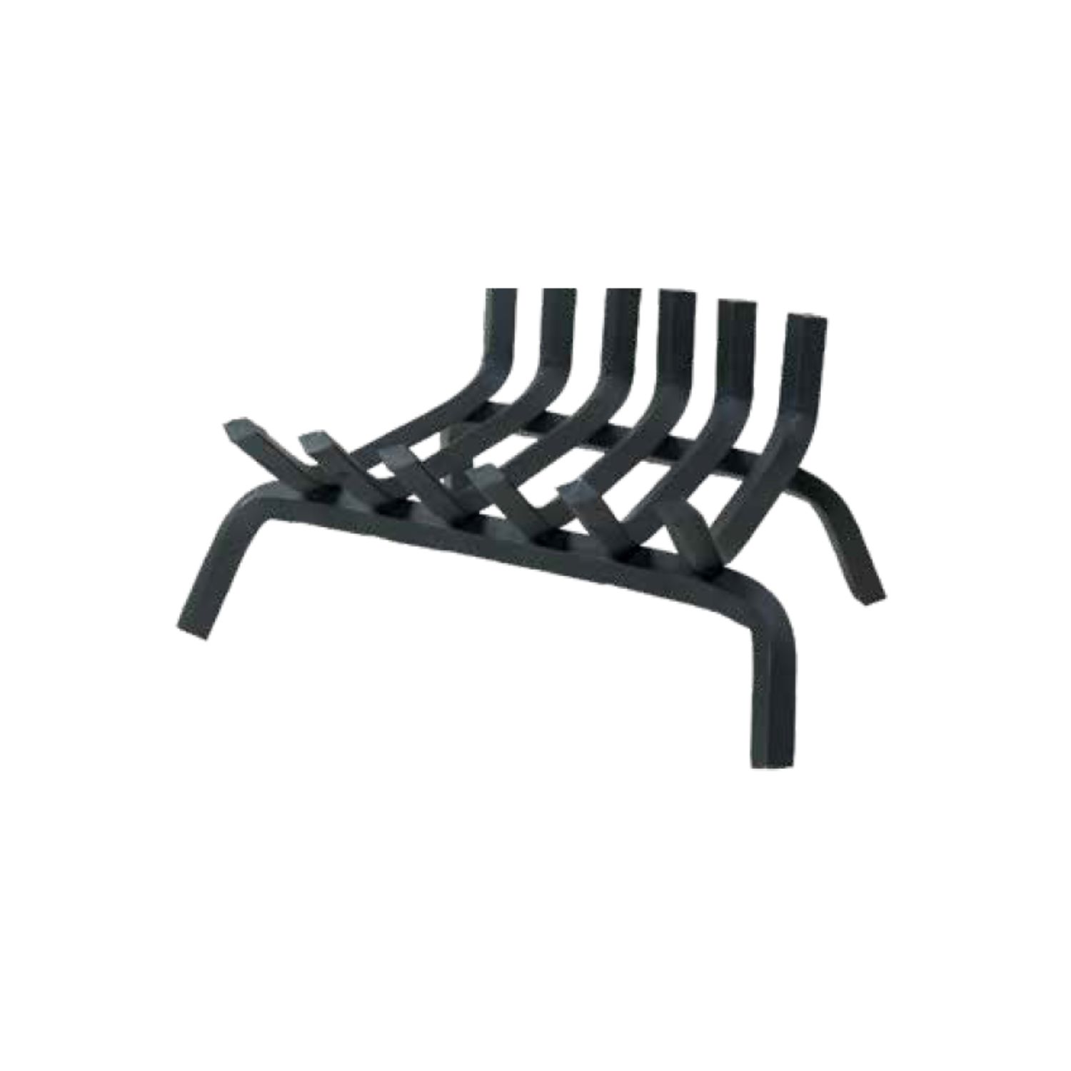 Zero clearance style metal grate with curved supports and parallel slats, dark finish