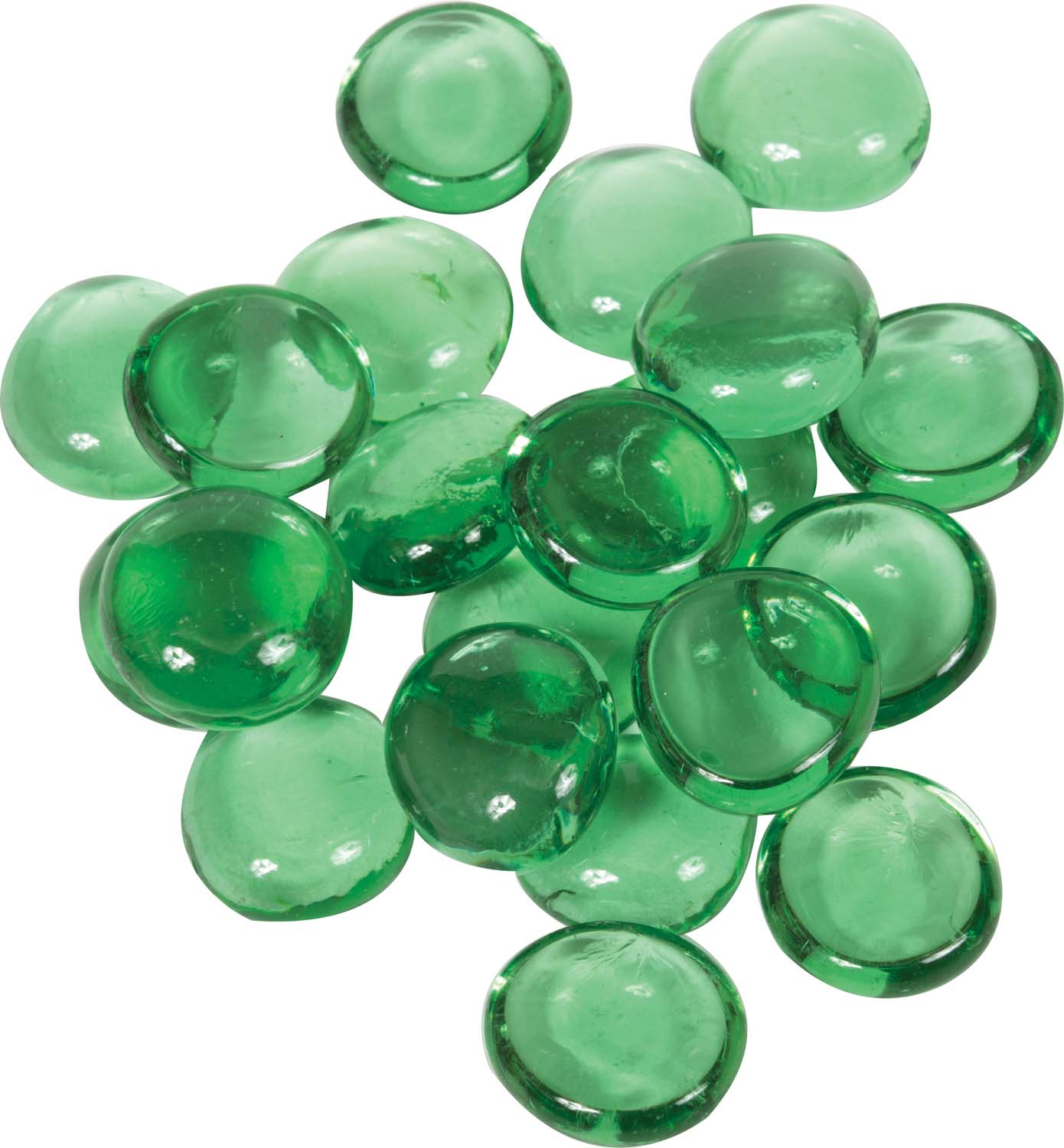 Green glass fire beads, 3/4-inch, round domed beads in a pile