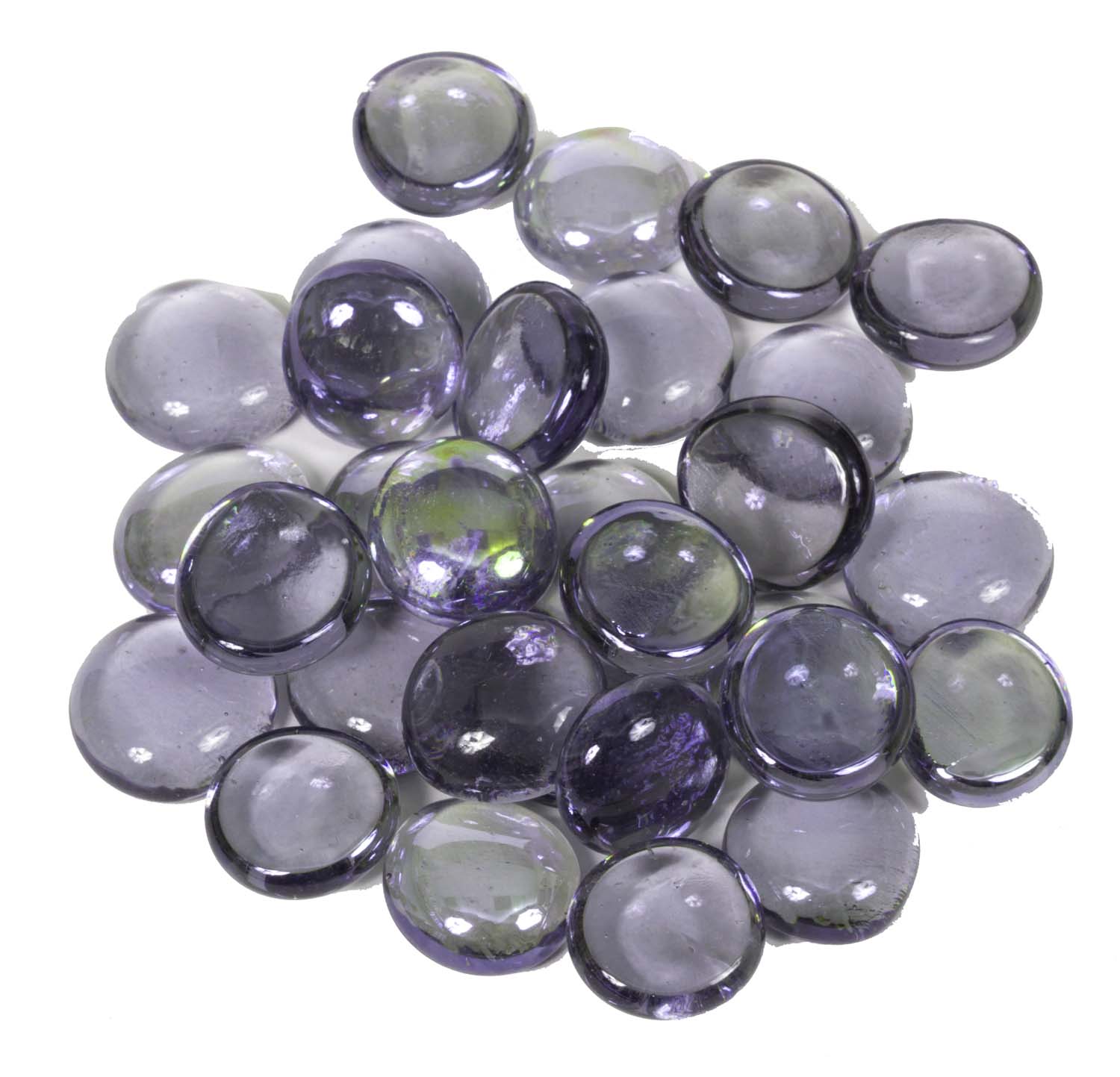Purple round glass fire beads, 3/4 inch diameter, assorted pile