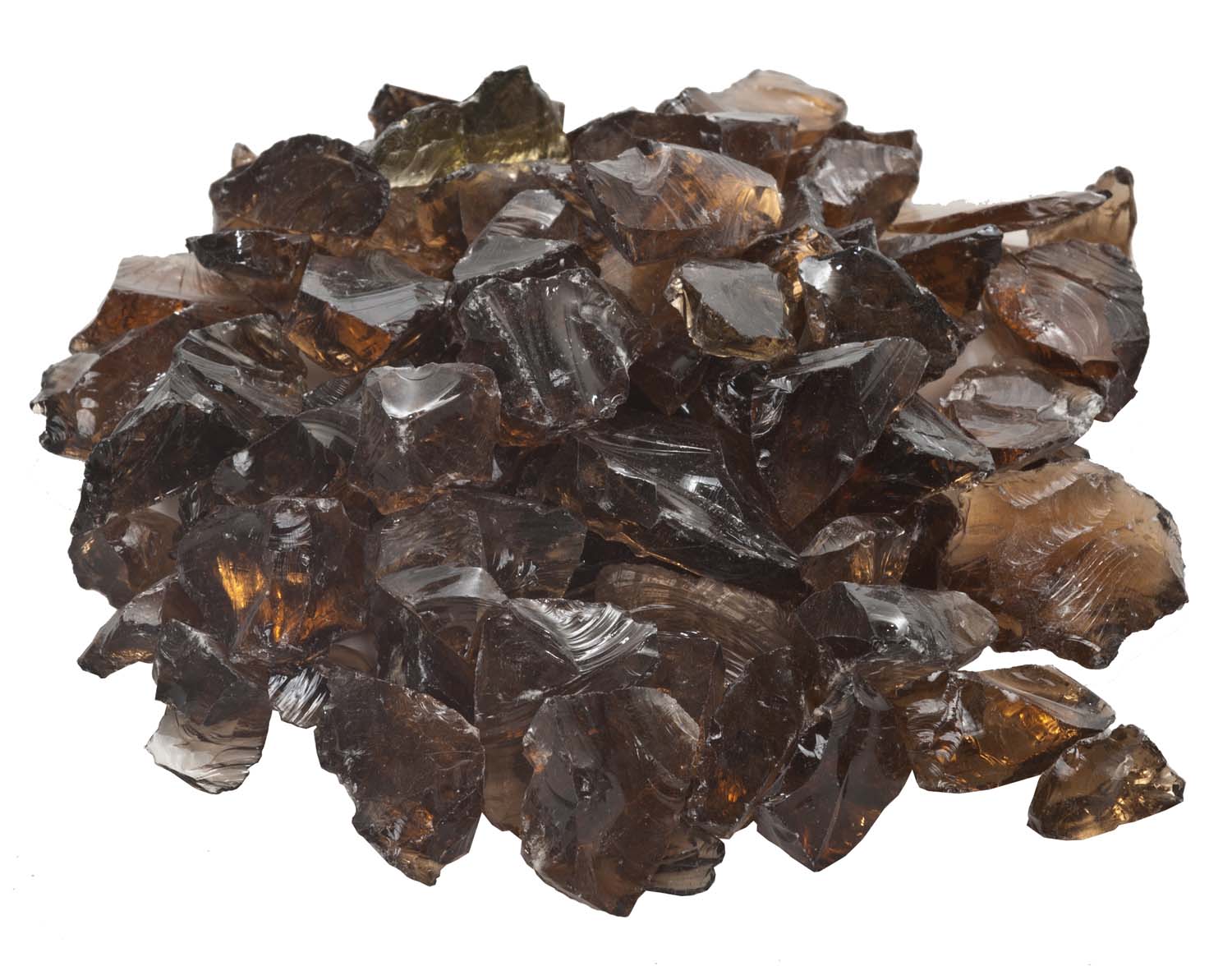 Copper fire glass pieces with dark brown and bronze glass shards, irregular chunks