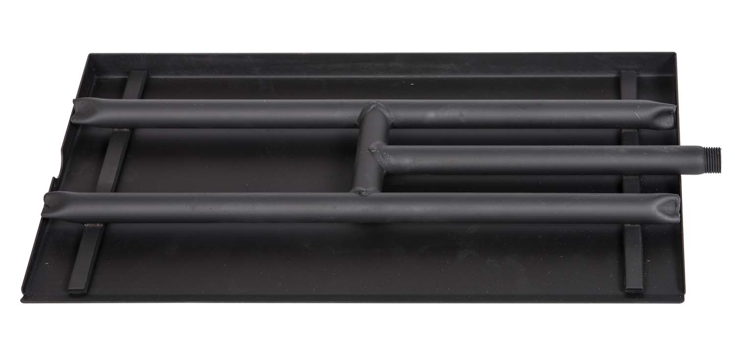 Black ember pan with ridged rectangular tray and built-in handle bar