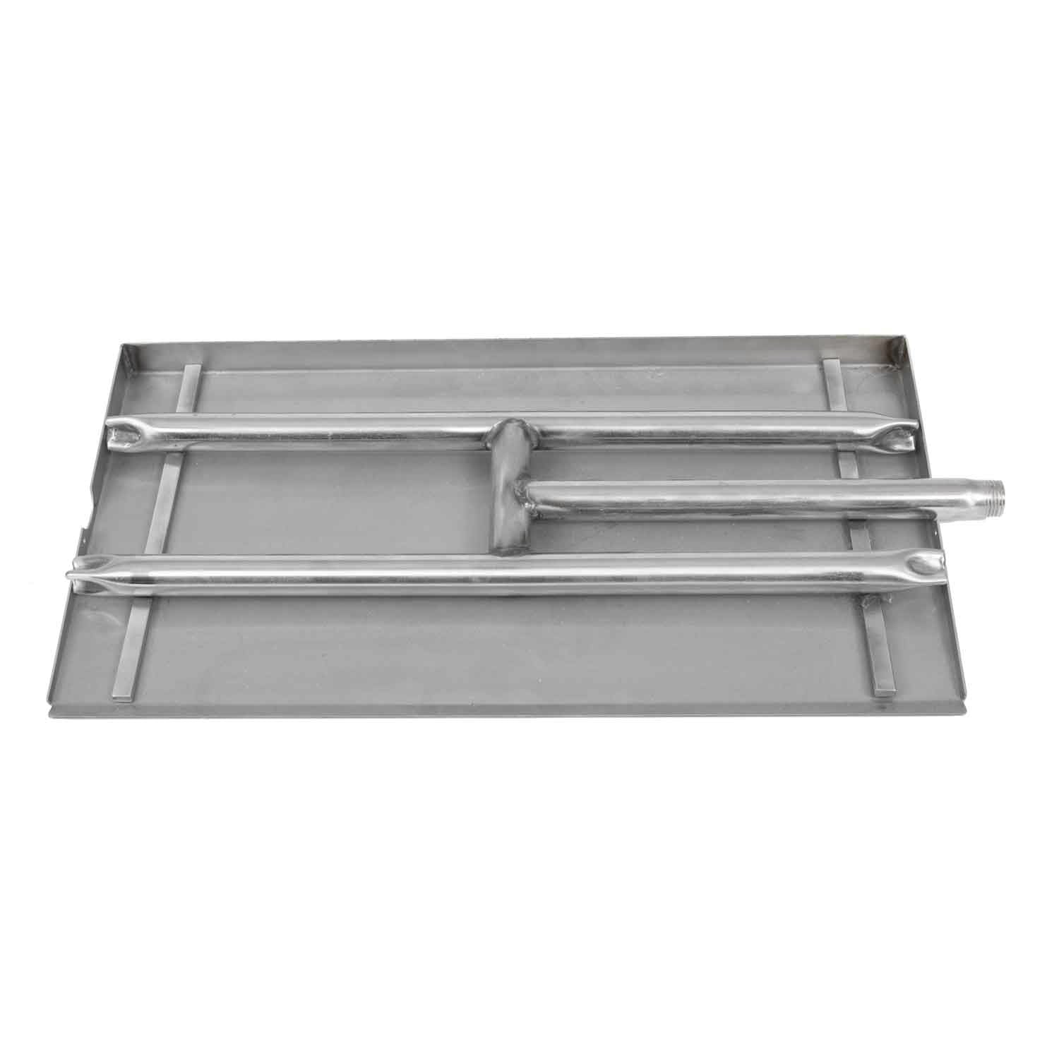 Stainless steel ember pan with long side rails and metal burner tube