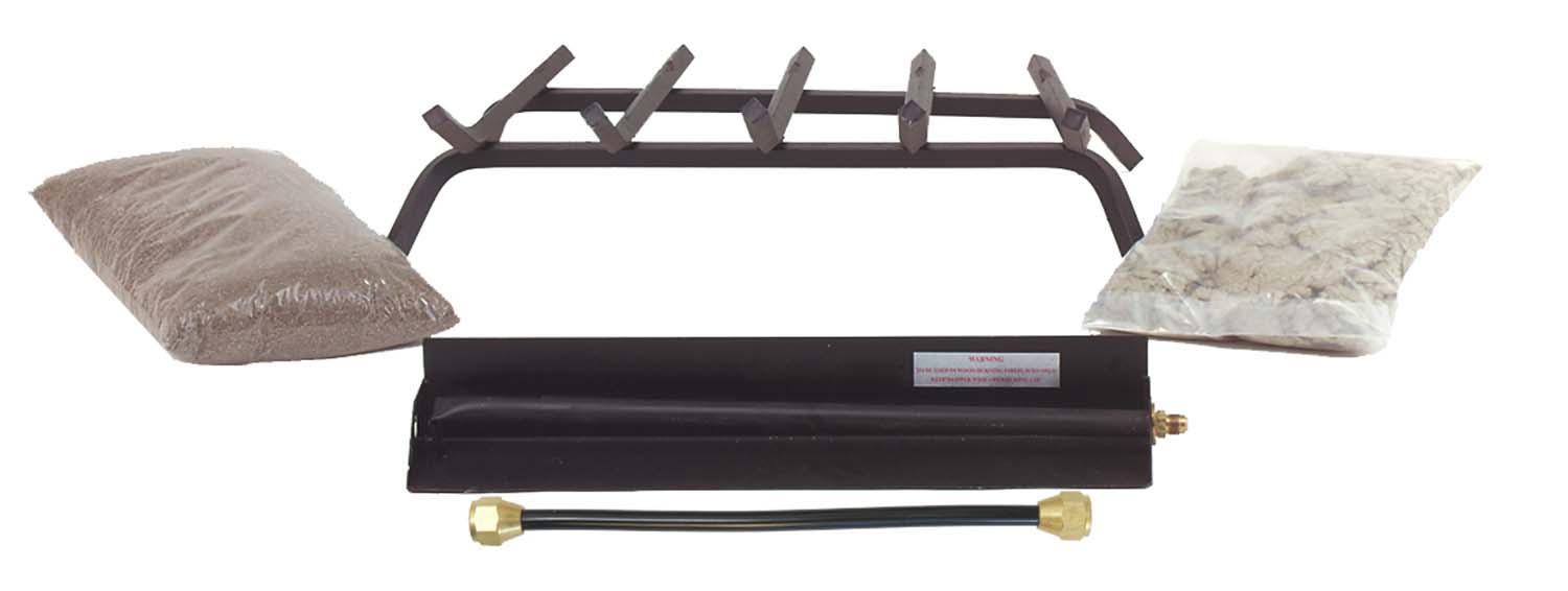 Gas log kit burner base with metal grate and beige log side pieces