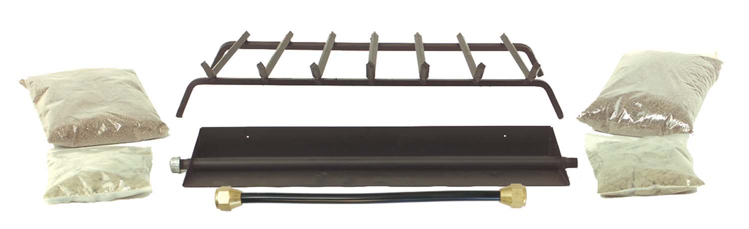 Dagan gas log kit with metal grate, black burner panel, bars, and two white bags