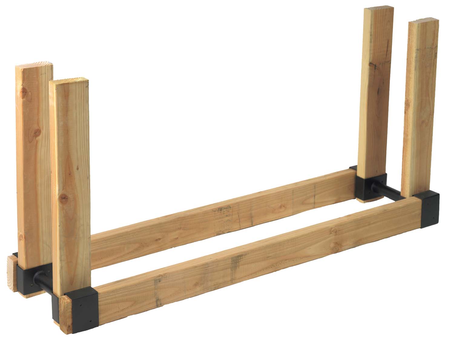 Pair of black log brackets with two upright supports and a horizontal mounting bar