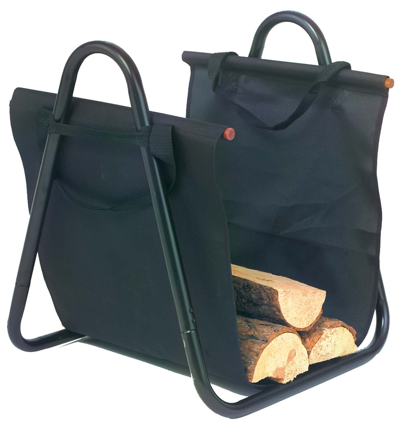 Dagan log holder bag with carry handles, open front showing stacked firewood
