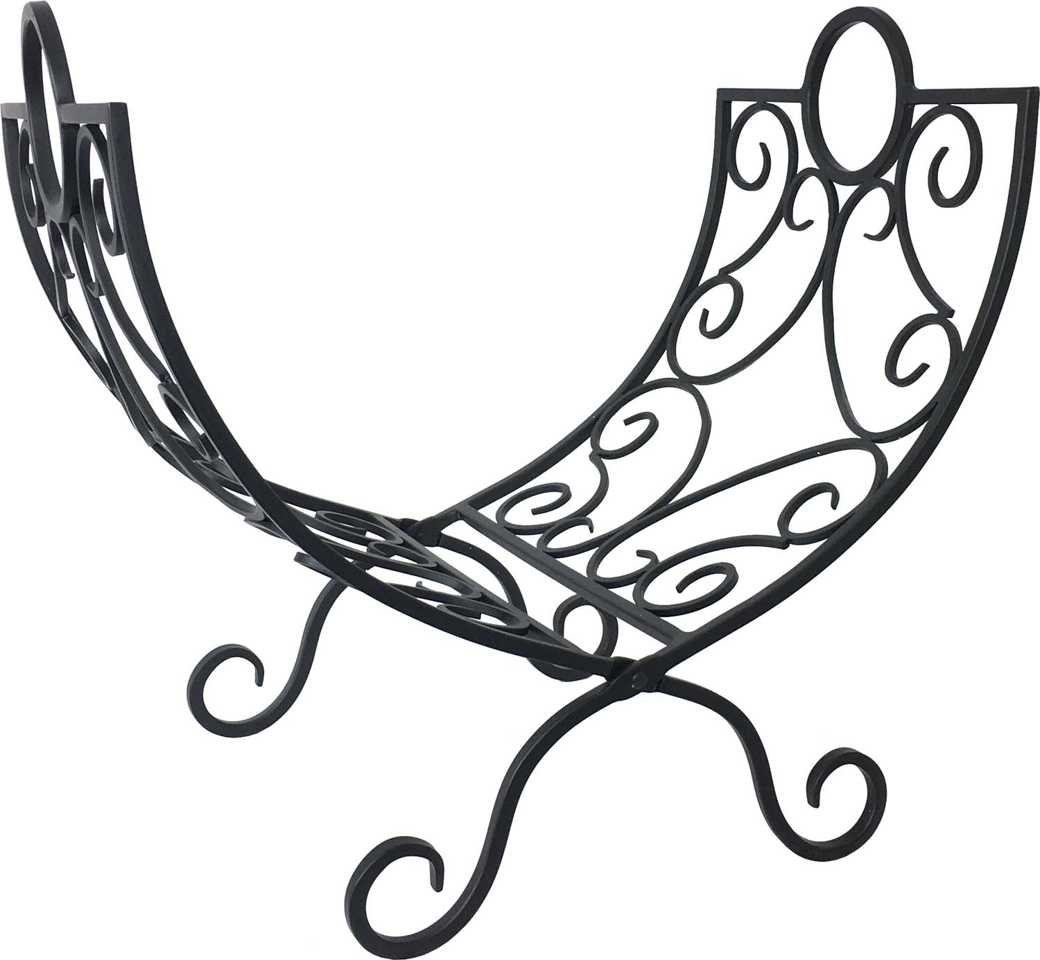 Black wrought iron log holder with arched scrollwork stand and curled feet