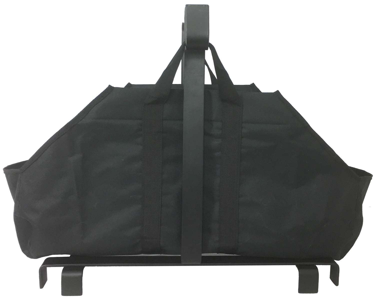 Wrought iron log holder with central vertical frame and side supports