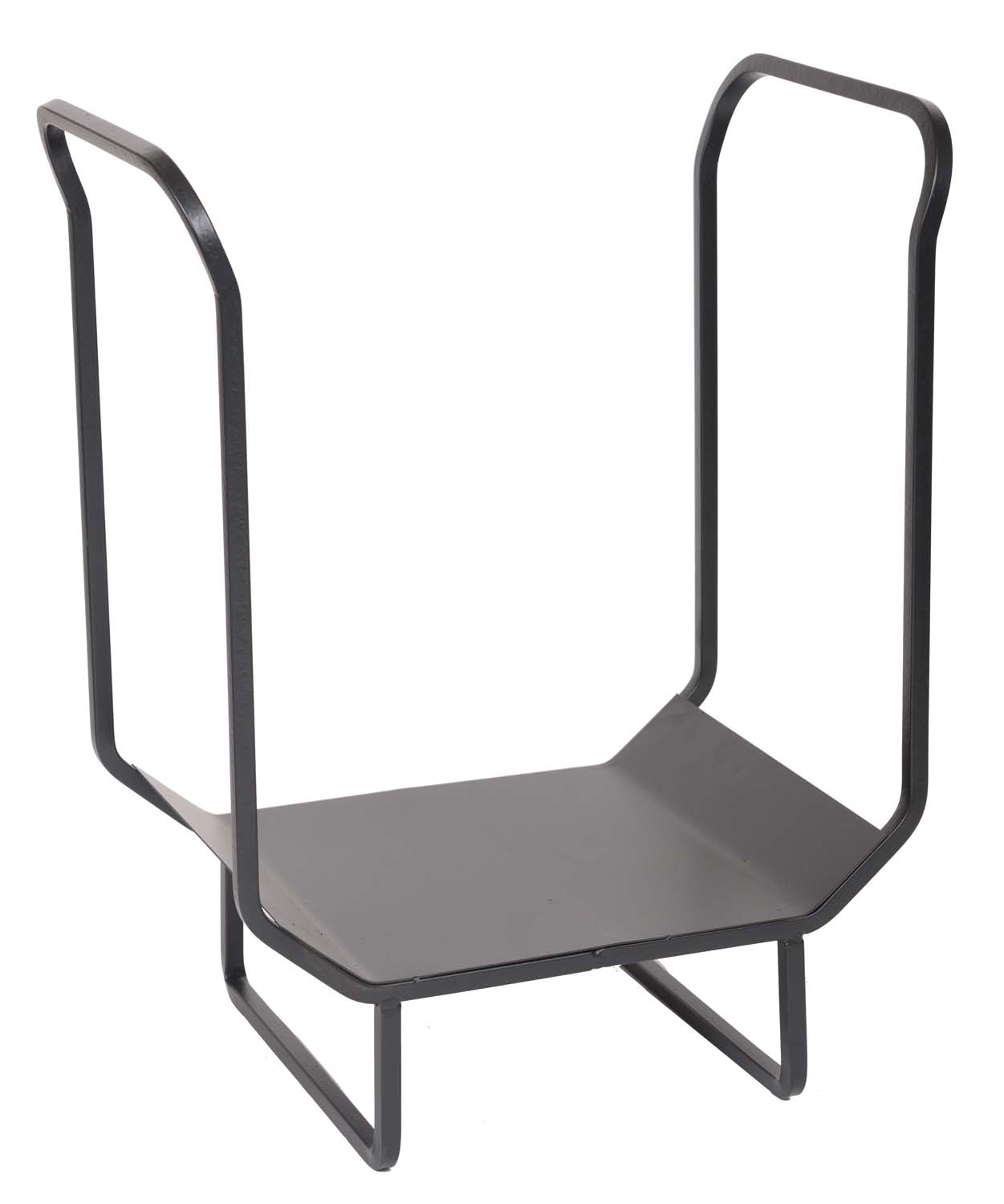 Black metal log rack with open frame and curved handles, standing base