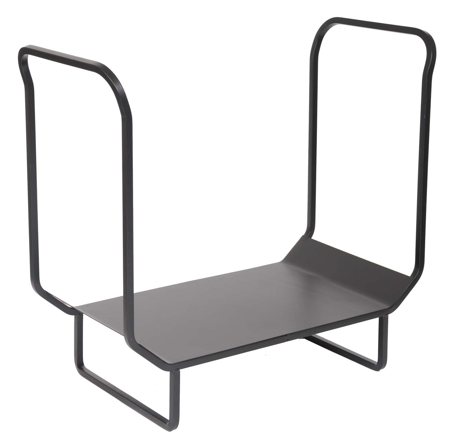 Black metal log rack with U-shaped frame and flat base.
