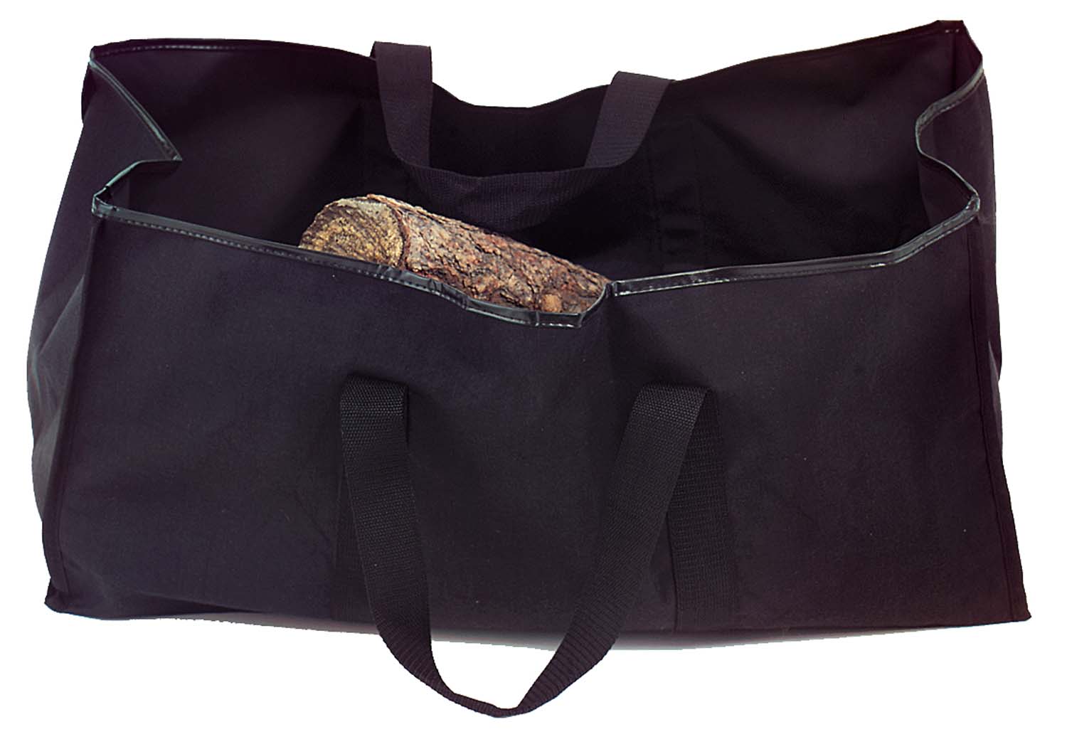 Black log carrier bag with handles, holding a firewood log