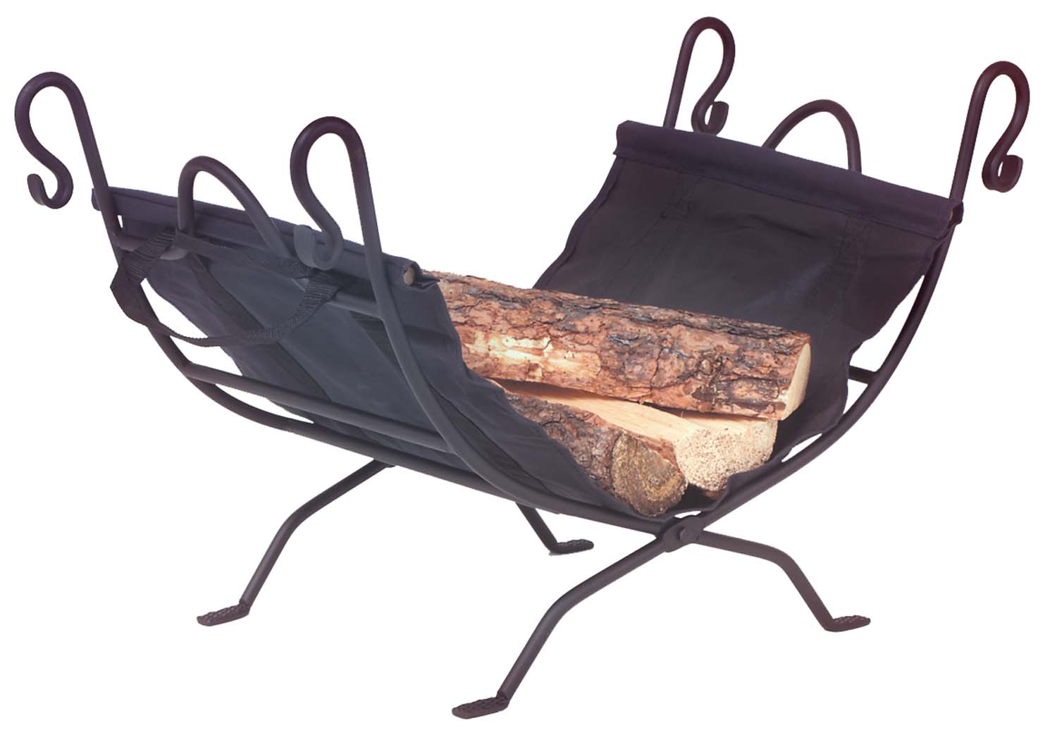 Black wrought iron log holder with curved end loops and three legs, holding firewood logs