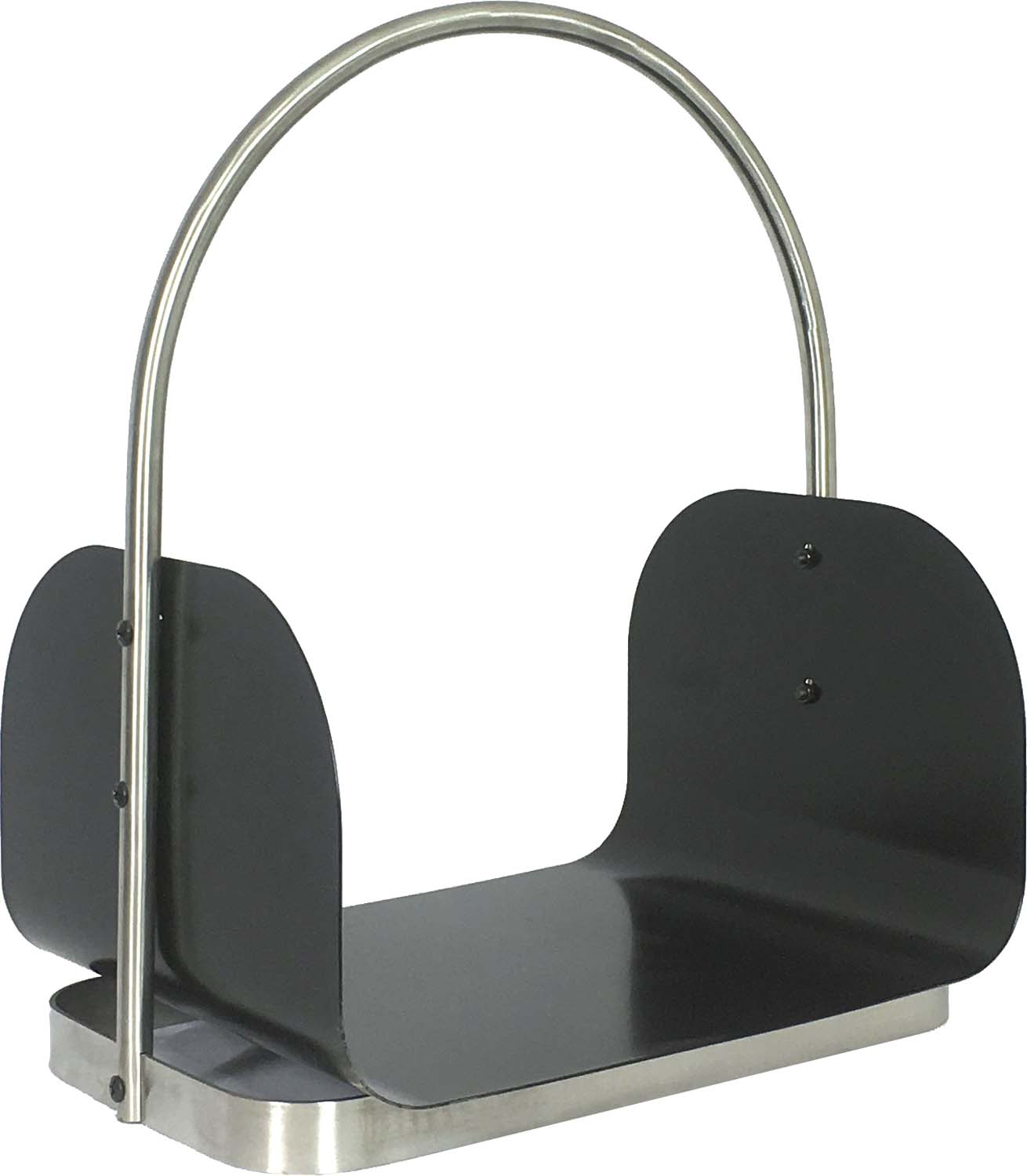 Black and stainless steel log holder with curved handle and side supports