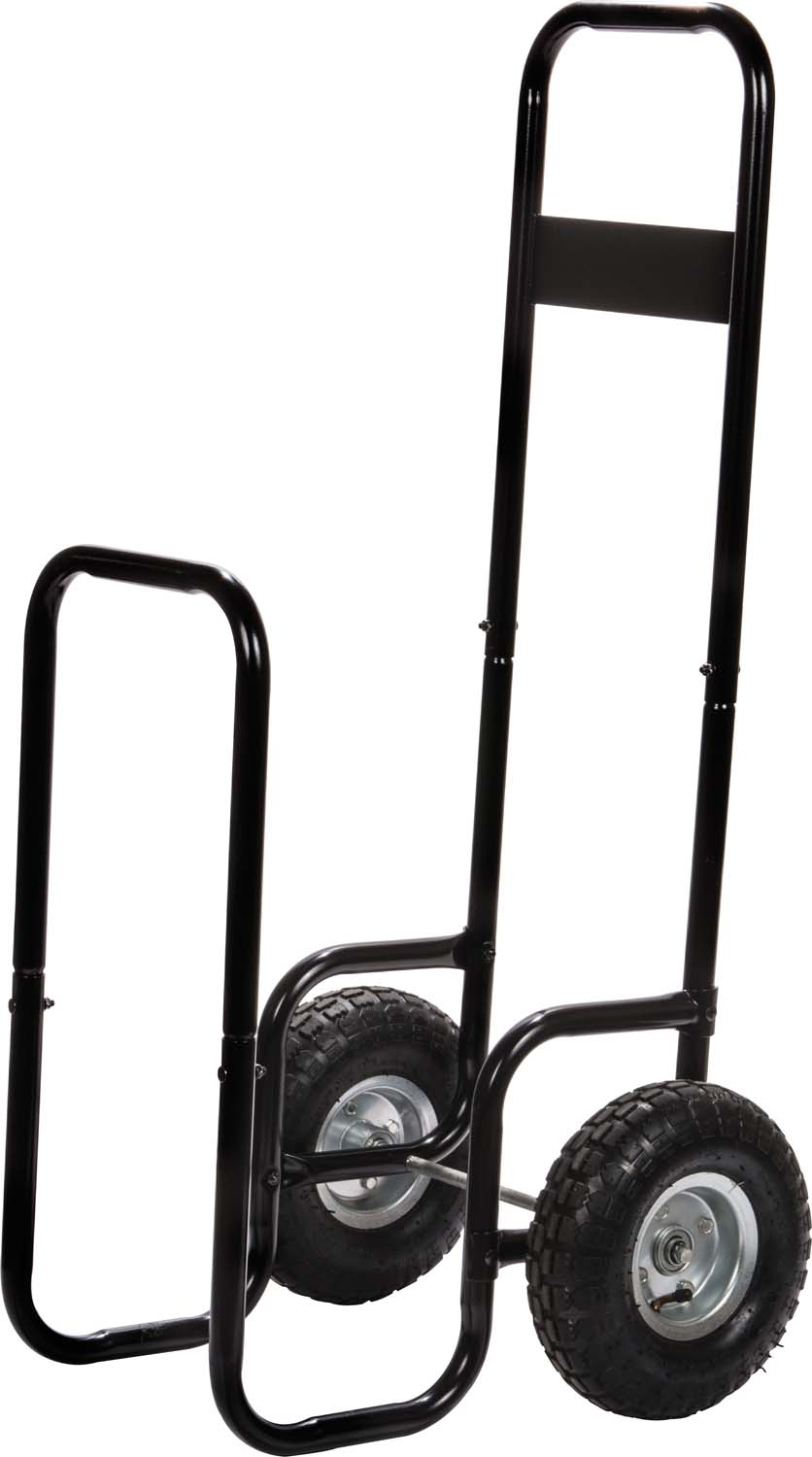 Black log cart with two rubber-style wheels and folding handle frame