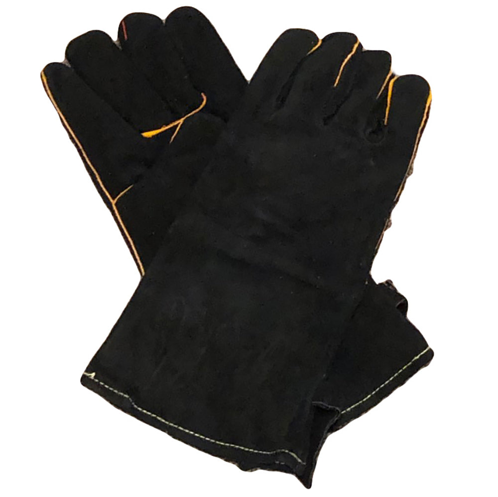 Pair of black gloves with orange contrast stitching, full-finger design
