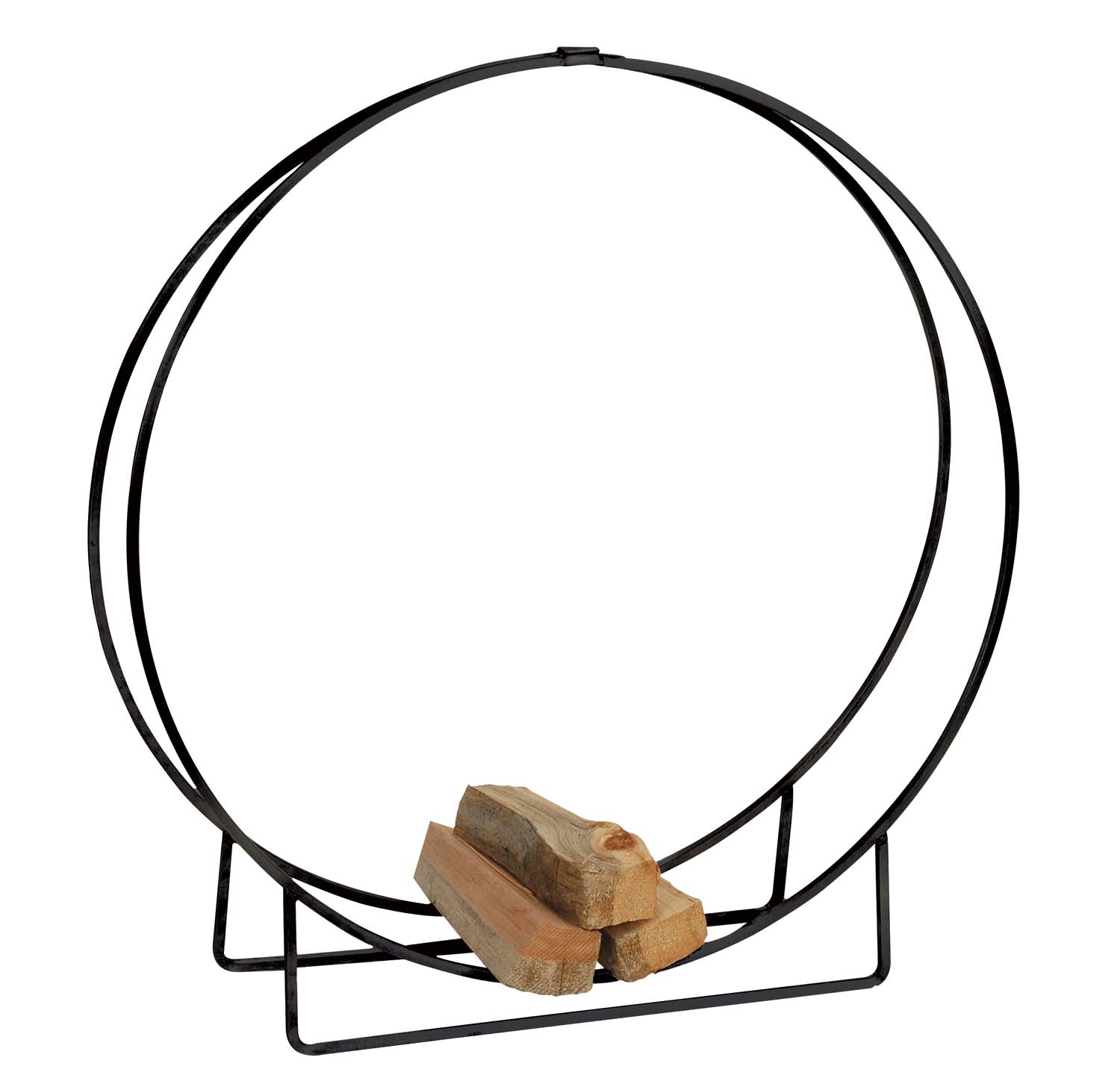 Black log hoop stand with curved frame and wood log holder