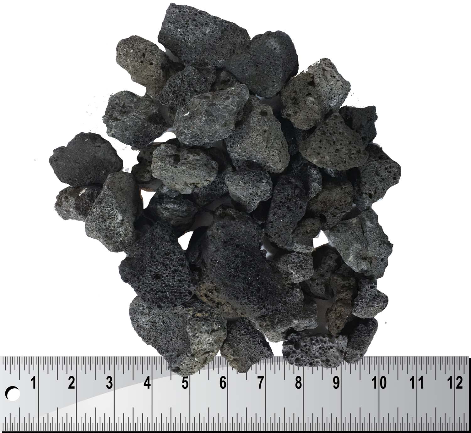 Dagan lava rock bag with dark gray rough stones, shown with measuring ruler